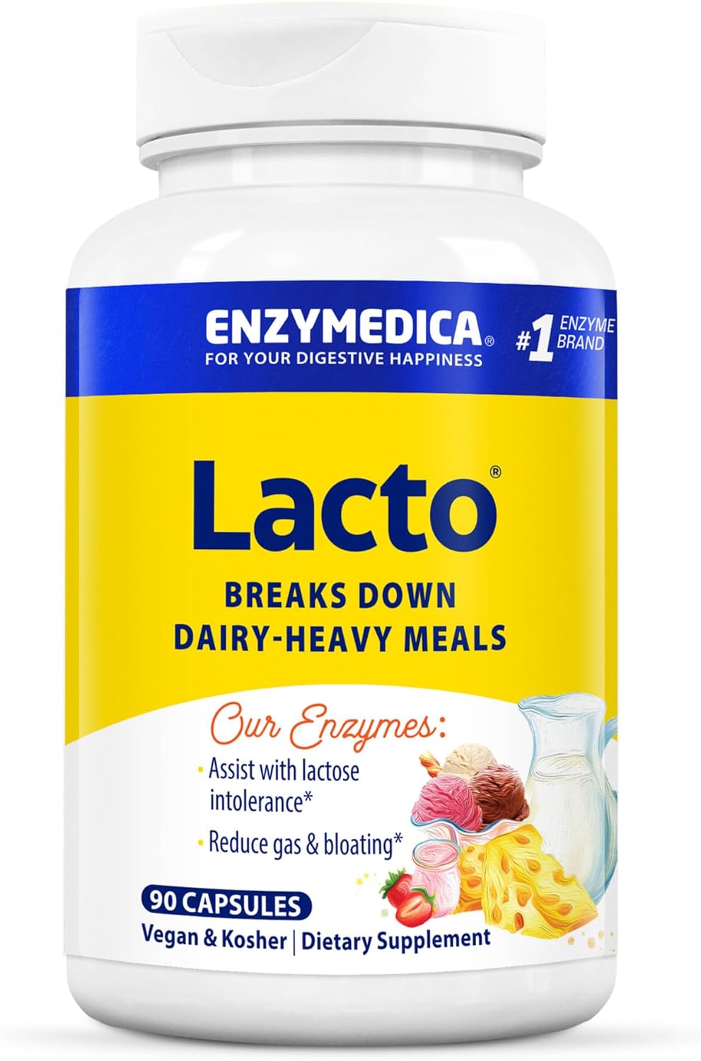 Enzymedica Lacto, Digestive Enzymes for Complete Dairy Digestion, Offers Fast-Acting Gas & Bloating Relief, 90