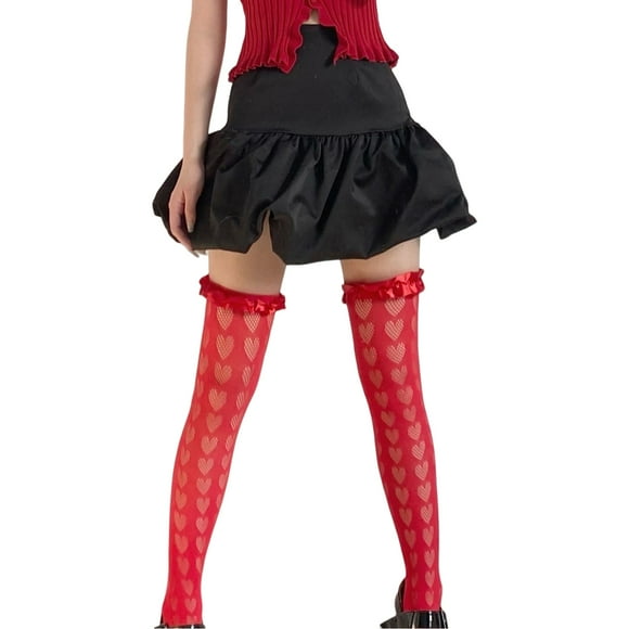 SUNSIOM Chaussettes Cuissardes pour Femmes Motif Cœur Découpé Garniture Satin Kawaii Cosplay Chaussettes de Botte de la Saint-Valentin