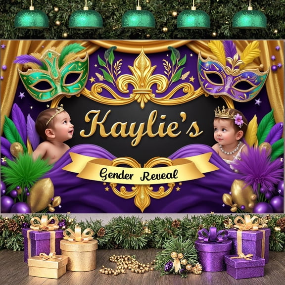 Gold Accent Gender Reveal Banner Purple Green Feather Baby Celebration Display Masquerade Mask Royal Crown Mardi Gras Backdrop for Gender Reveal Party Baby Celebration Indoor Decoration