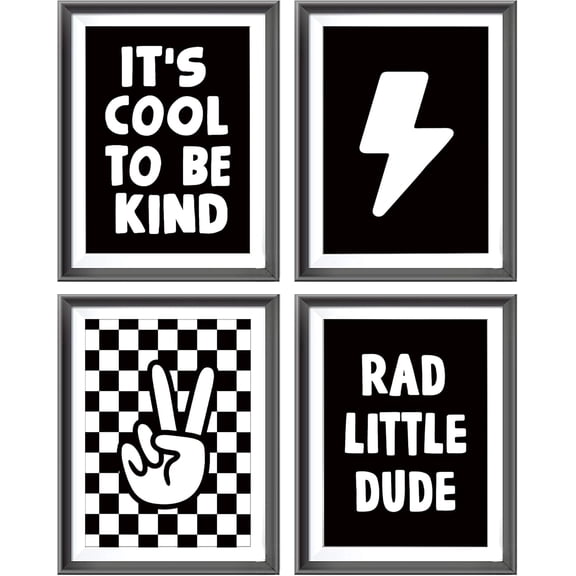 Retro Black Checkered Preppy Lightning Peace Hand Sign Poster Prints for Boy Teen Room Dorm Decor,Lake Blue Rad Little Dude Funny Decorations Prints Wall Art Unframed 4pcs,Teen Boys Gifts