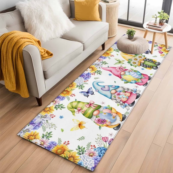 Spring Easter 2'x6' Runner Rugs for Hallway Kitchen Bedside Non Slip, Watercolor Eggs Gnomes Floral Butterflies Plants Entryway Rug Runners with Rubber Backing, Long Carpet Runner for Laundry Room