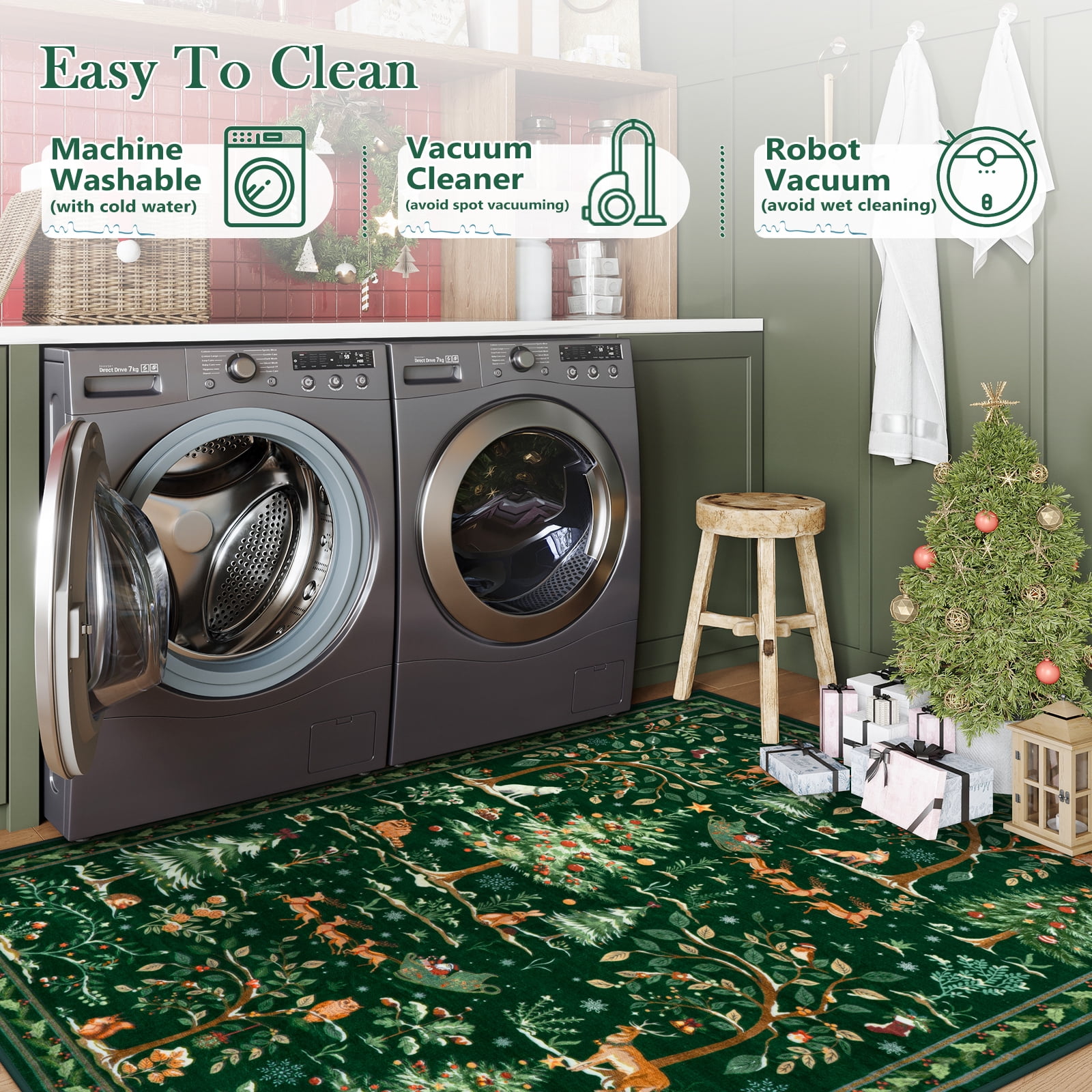 Lahome 8'x10' Christmas Washable Area Rugs,Soft Vintage Ultra-Thin 8x10 Green Rugs for Living Room Bedroom, Easy Clean Boho Non-Slip Accent Carpet for Dining Room Office Holiday Decor(8x10ft,Green)