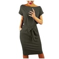 thumbnail image 2 of WTXUE Plus Robes Taille, Ligne A à Manches Courtes avec Poches Col Ras du Cou, Robe d'Été avec Poches Fête Décontractée Robe de Soirée pour Dames Unie Mi-Longue Grande Taille pour Femmes, Gris Taille P(US:4), 2 of 5