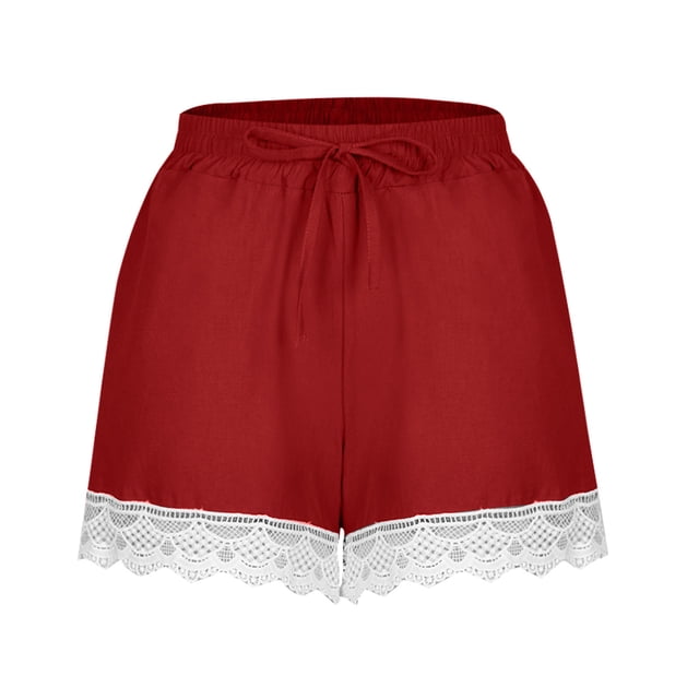 AherBiu Plus Size Shorts for Women Cotton Linen Drawstring High Waisted Lace Wide Leg Bottom Shorts
