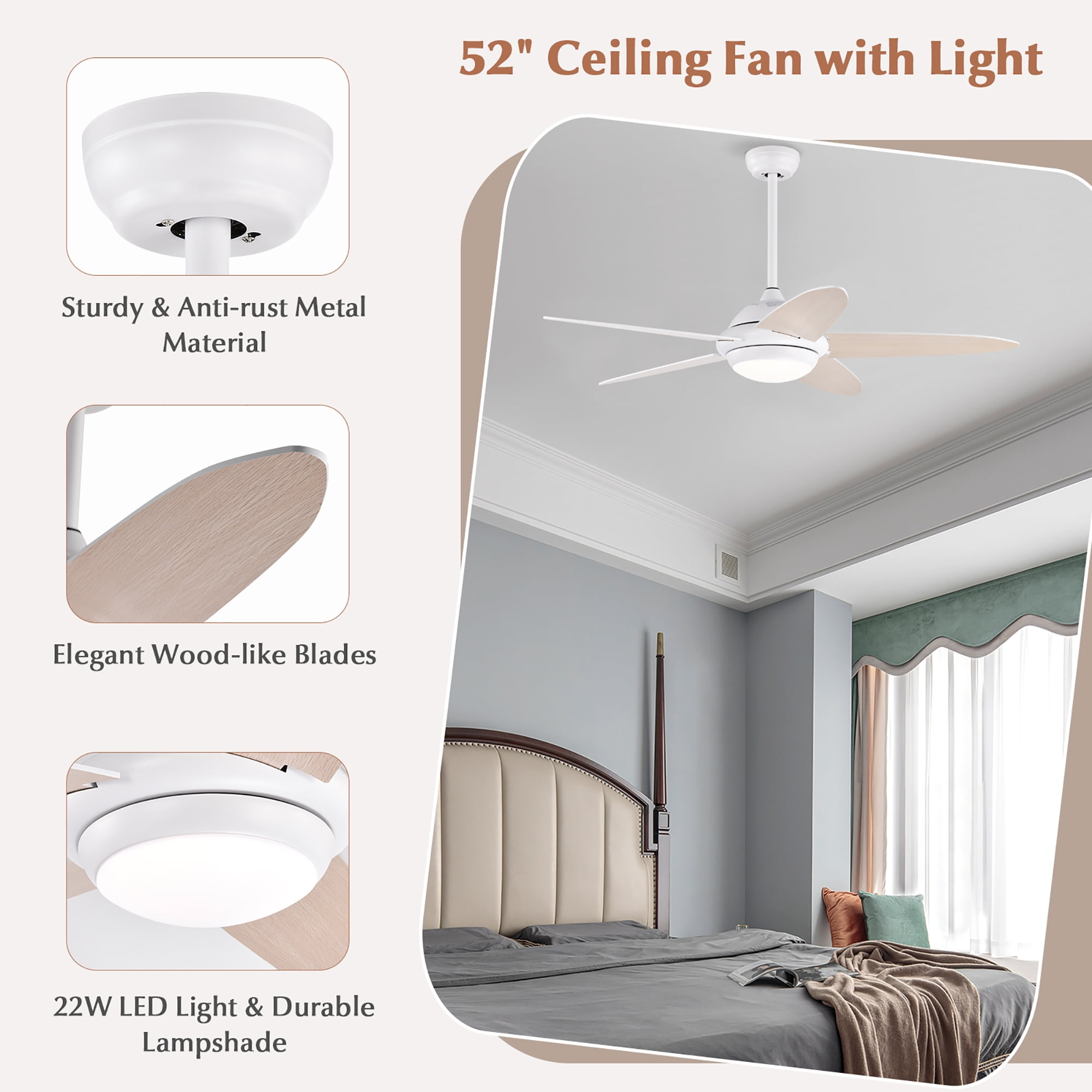 Costway 52'' Ceiling Fan with LED Lights & Remote Control 1/2/4/8H Timer & 3 Fan Speeds