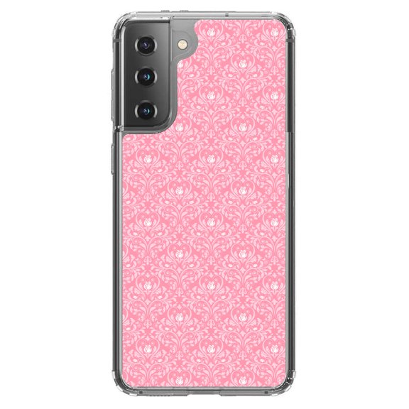 DistinctInk Clear Shockproof Hybrid Case for Galaxy S21  PLUS 5G (6.7" Screen) - TPU Bumper, Acrylic Back, Tempered Glass Screen Protector - Pink & White Rose Pattern
