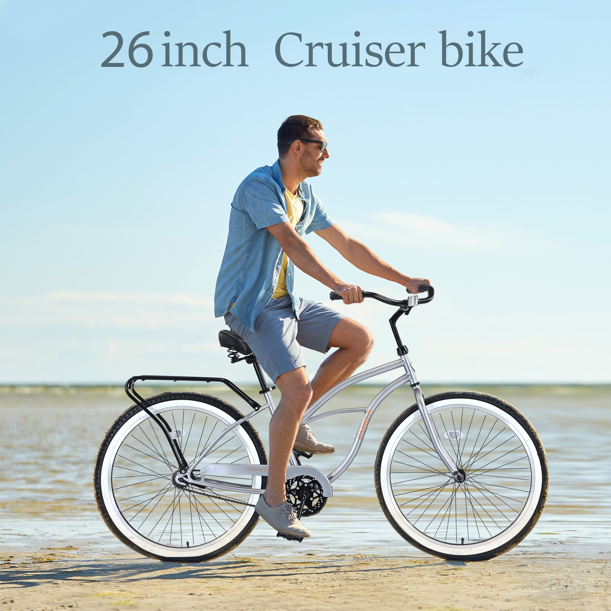 Aukfa 26" Cruiser Bike, Single Speed Bicycle Hybrid Bikes for Women Girls Ladies,Silver