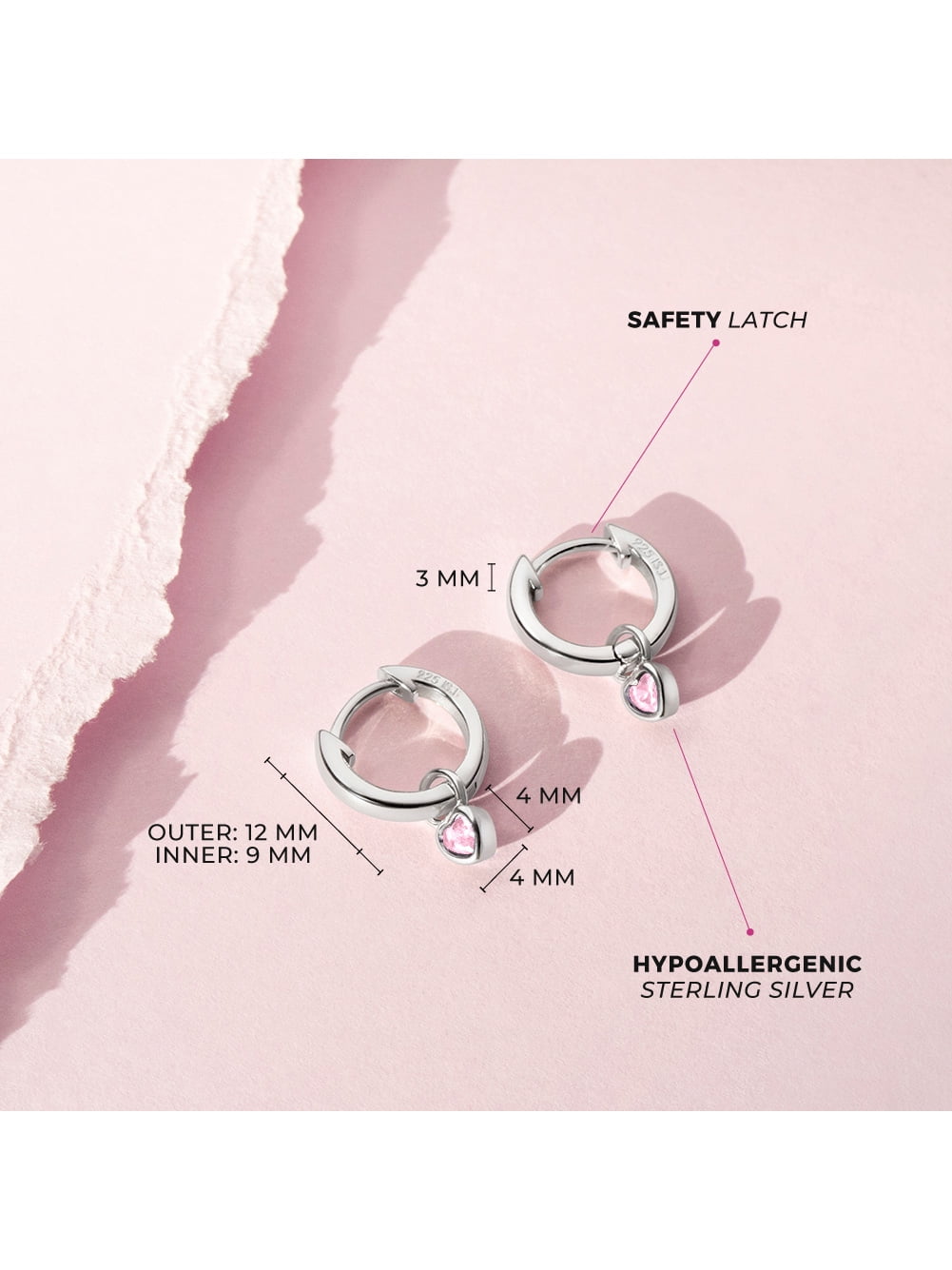 925 Sterling Silver Simulated Pink Tourmaline Heart Charm Girls Hoop Earrings