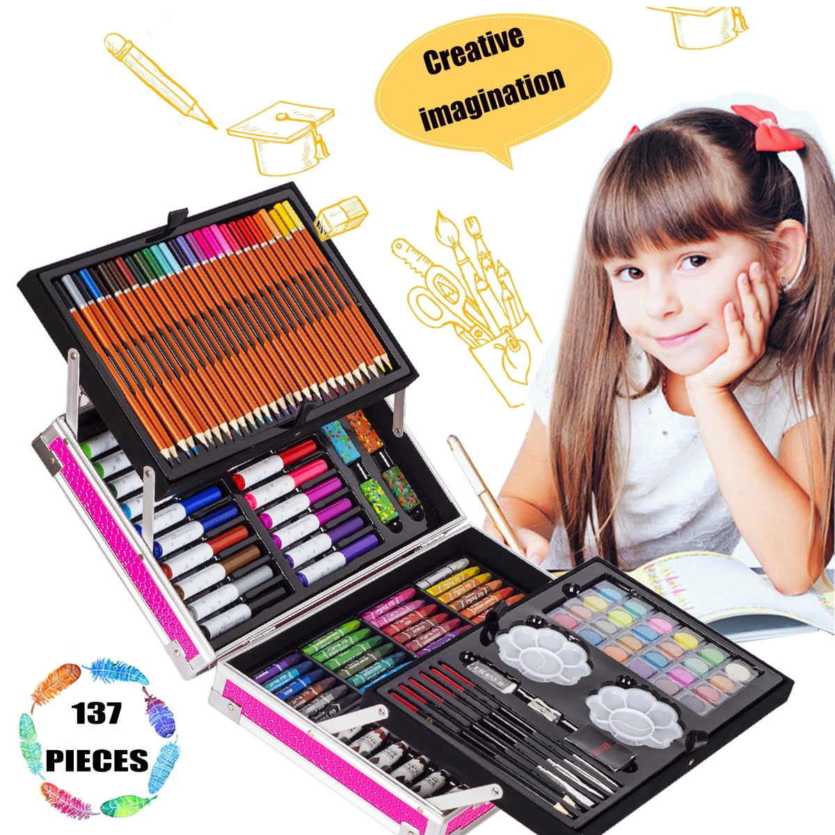 KINSPORY 139 pack Deluxe Portable Double Layers Coloring Drawing Kit with Sketch Pads, Art Set Gift for Artist Adults Beginners Kids (Pink)