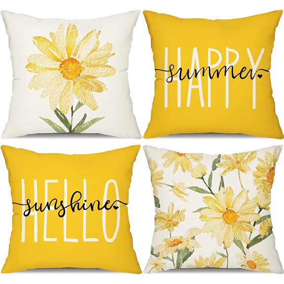 Summer Pillow Covers 18x18 Set of 4 Watercolor Daisy Throw Pillow Covers Hello Sunshine Summer Yellow Outdoor Décor Cushion Case Decoration for Home Couch Chair Sofa