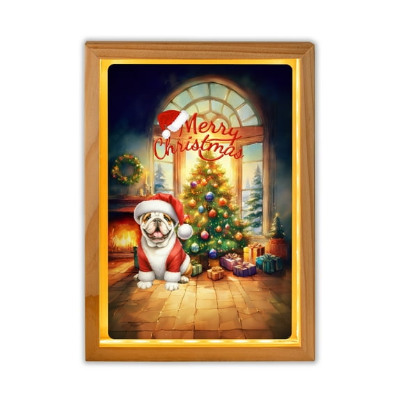 Merry Christmas Bulldog Santa Hat Xmas Tree Winter Holiday Acrylic Plaque with Wood Photo Frame Box Dog Lover Gifts Idea Light Box - 01013