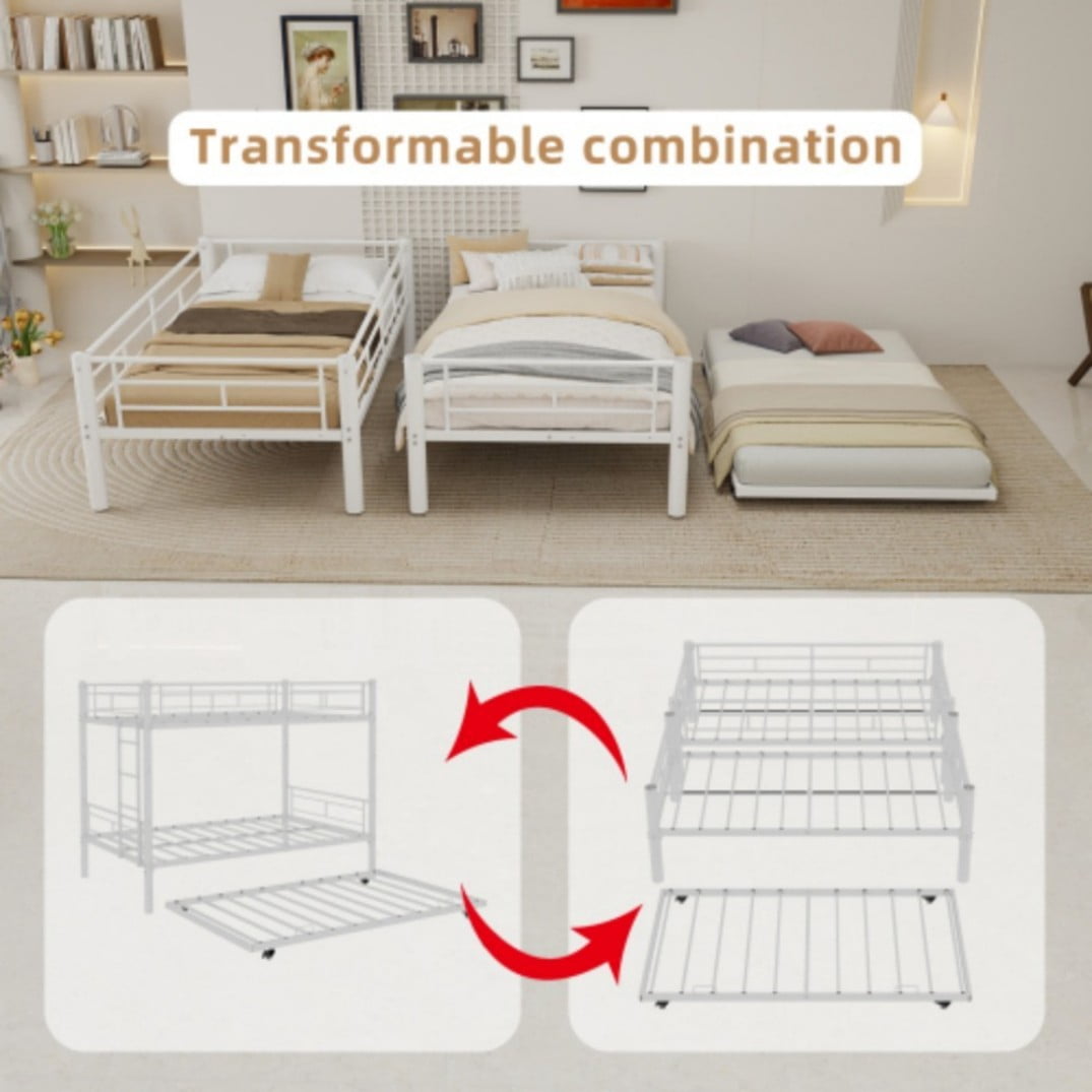 Twin Triple Bunk Bed, 3-in-1 Convertible Metal Bunk Bed Frame, Space-Saving Design with Guardrails & Ladder, Heavy-Duty Iron, White