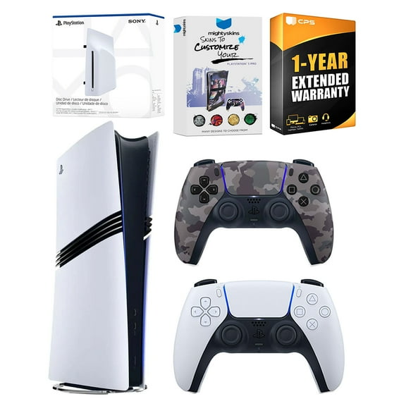 Sony PlayStation 5 Pro Digital Bundle with Disc Drive, Extra Controller, MightySkins Voucher and 1 Year Extended Warranty - Gray Camo