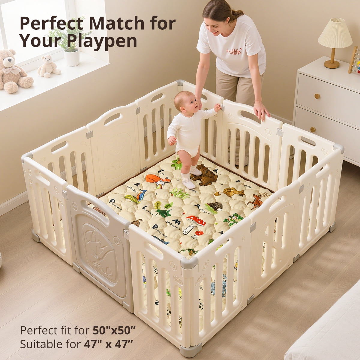 Baby Play Mat, Caveen Thicken Soft Cotton Baby Playmats, Foldable Anti-Slip Floor Crawling Playmat Playpen Mat for Infants and Toddlers, 50"x50", Brown