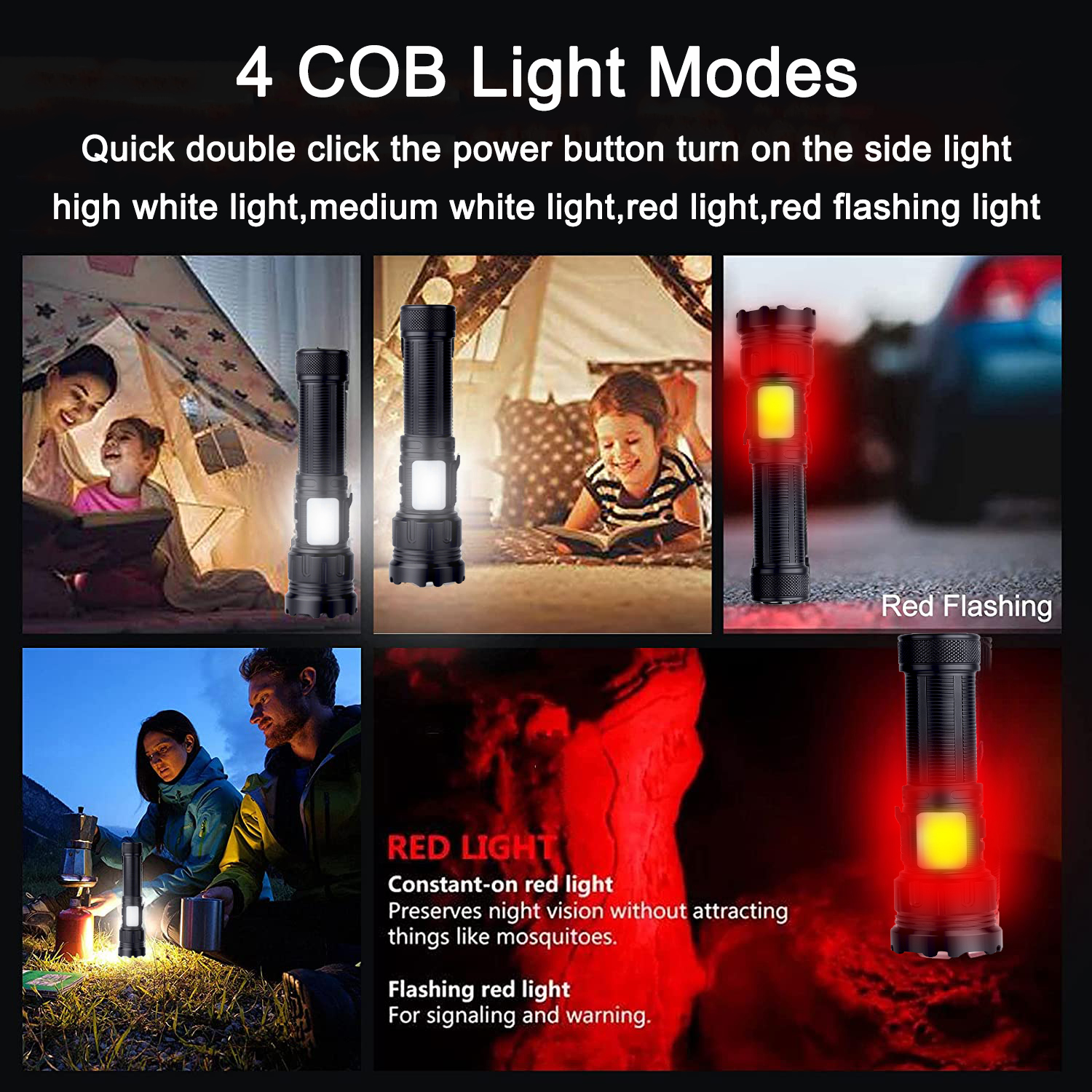 Led White Green Red Blue Rechargeable Flashlight Magnetic Zoomable Torch  Lamp with COB Side Lights for Fishing Outdoor Camping