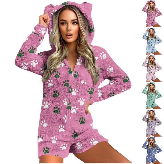 yoeyez Fleece Sherpa Romper for Women Furry Adult Onesie PJs Short Hooded Zipper Up Plush Jumpsuit Cute Print Long Sleeve Sleepwear