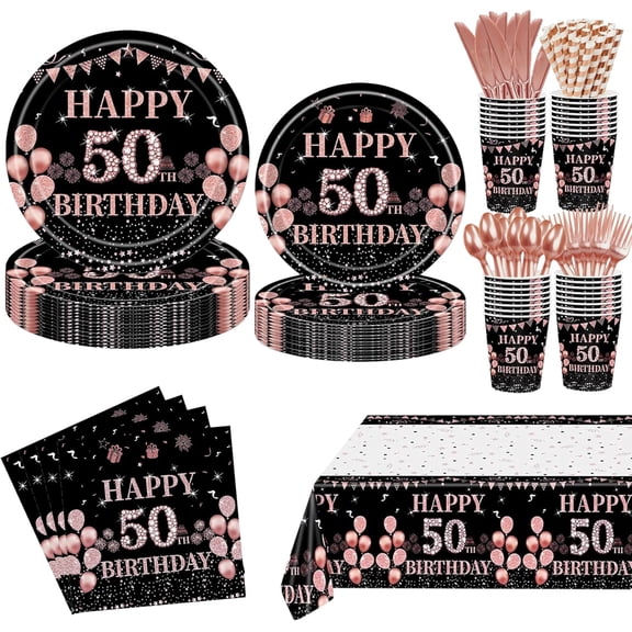 193 Pcs 50th Birthday Party Supplies for 24 Guests, Rose Gold Disposable Tableware Set with Plates Tablecloth Napkins Cups, 50th Birthday Decorations for Women