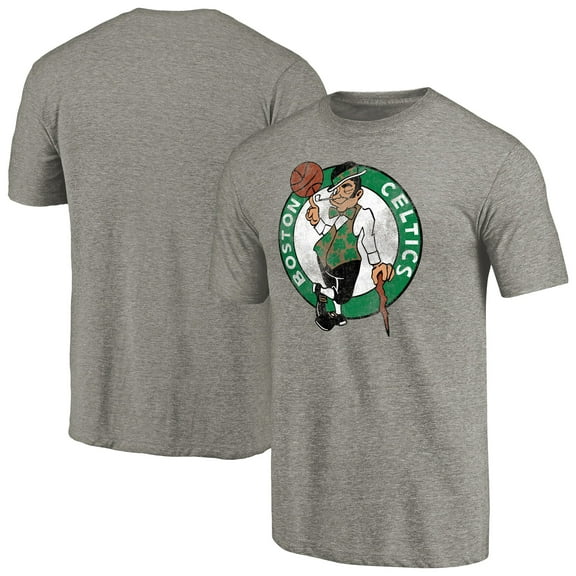 Men's Heathered Gray Boston Celtics Distressed Team Logo 2 Tri-Blend V-Neck T-Shirt