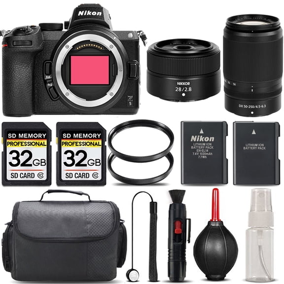 Nikon Z5 Mirrorless with 50-250mm f/4.5-6.3 VR Lens   28mm f/2.8 Lens   64GB Storage   UV Filter   Backup Battery   Case   Cleaning Kit - International Version