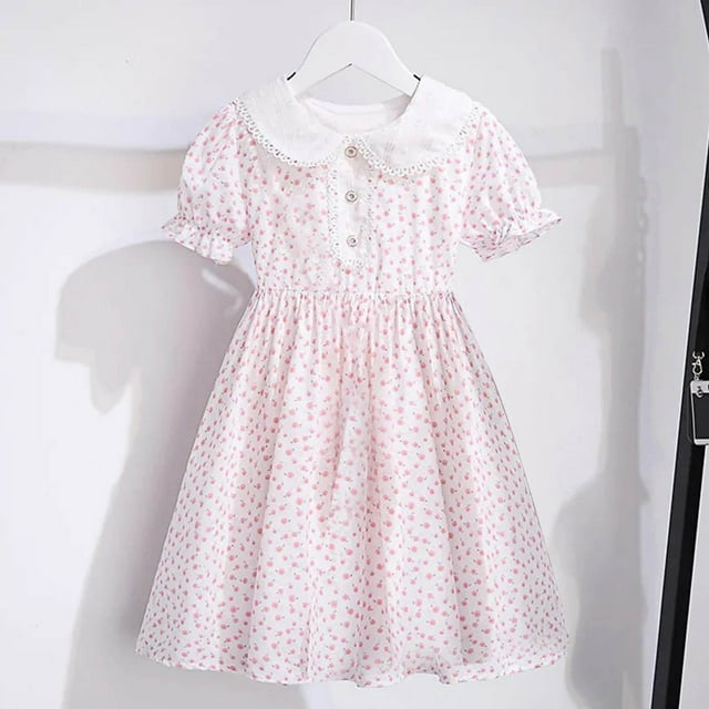 Zpanxa Robes d'Été pour Filles à Imprimé Floral, Col à Revers, Manches Courtes, Robe de Princesse Élégante, Polyester, Rose, 4 Ans