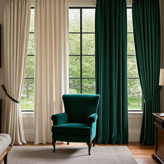 SMILETIME Dark Green & Ivory White Back Tab Curtains, 4 Panels Set Rod Pocket & Pinch Pleat Design Light-Filtering & Thermal Insulation Ideal for Living Room, Bedroom & Office Windows