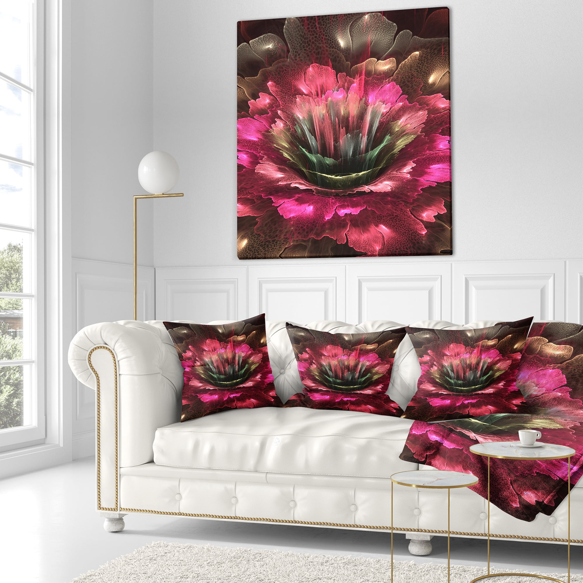 Designart Perfect Fractal Flower in Bright Red - Floral Throw Pillow - 16x16