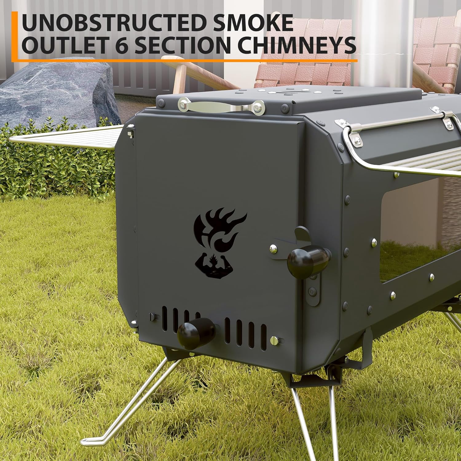 Riedhoff Wood Burning Camping Stove 17.91 x 11.62 x 13.11",  6 Chimney Pipes & Glass Window, Black