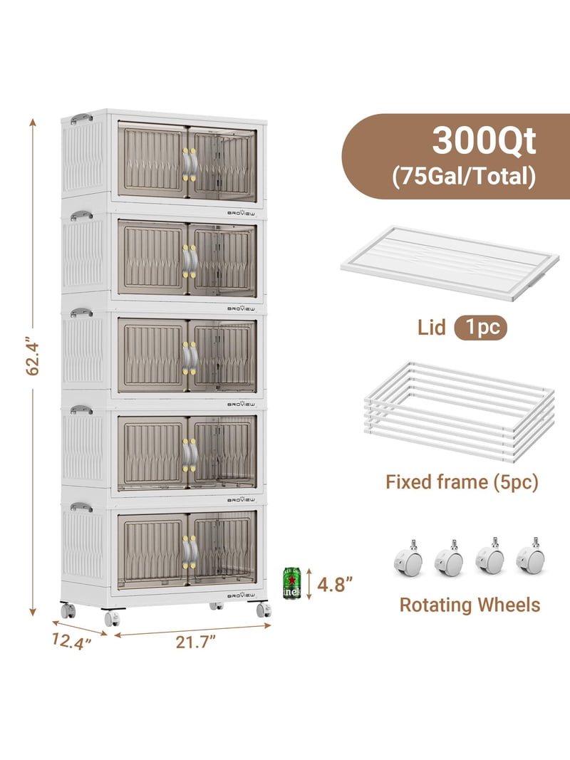 Broview, 300Qt Stackable Storage Bins with Lid, 5Pack White