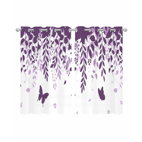 Purple Spring Botanical Sheer Curtains 45 Inch Length 2 Panels Set for Living Room/Bedroom, Weeping Eucalyptus Butterfly Kitchen Curtains Grommet Semi-Sheer Curtains Window Treatments 42"x45"x2