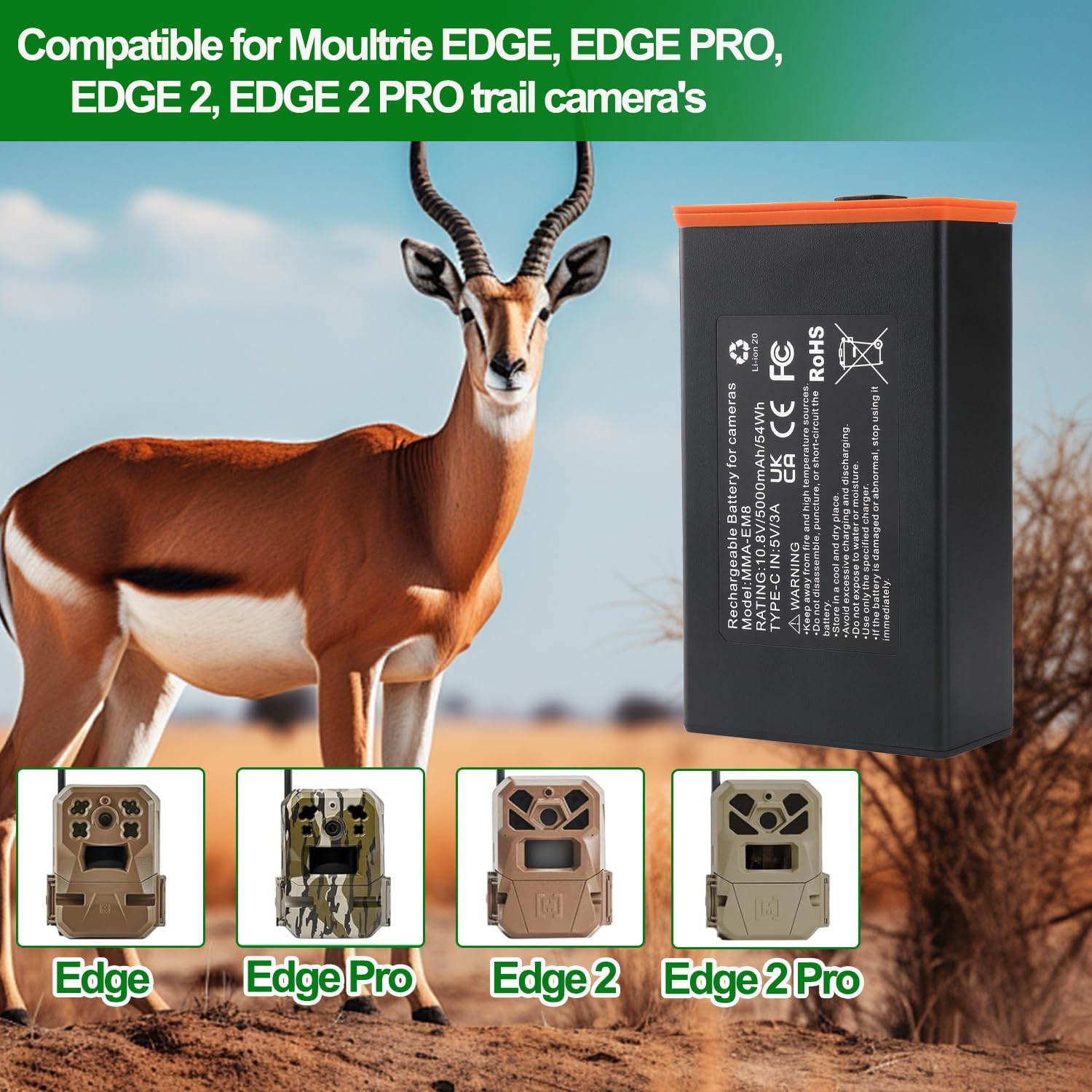 5000mAh Moultrie Power Mag Replacement Battery Compatible with Moultrie Cellular Trail Cameras Edge, Edge Pro, Edge 2, Edge 2 Pro, USB-C & Solar Panels Charging- 2 Pack