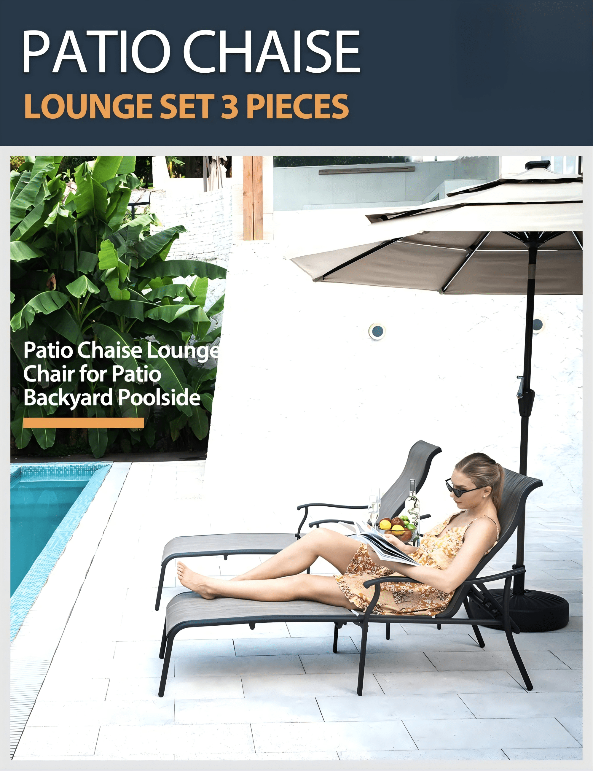Patio Chaise Lounge Set 3 Piece Outdoor Lounge Chairs with Table Adjustable Pool Lounge Chair Textilene Fabric for Patio Backyard Poolside, Gray