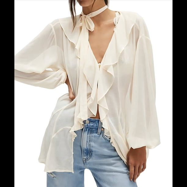 Cárdigan de Encaje con Volantes y Cuello en V para Mujer, Estilo Francés, con Bufanda, para y Verano Marfil M