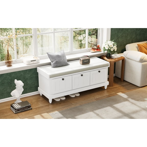 Youmumeub White Shoe Bench for Entryway, Upholstered Storage Bench with 3 Drawers and Flip Top, Classic Farmhouse Hallway Bench with Turned Legs, Rubber Wood and MDF