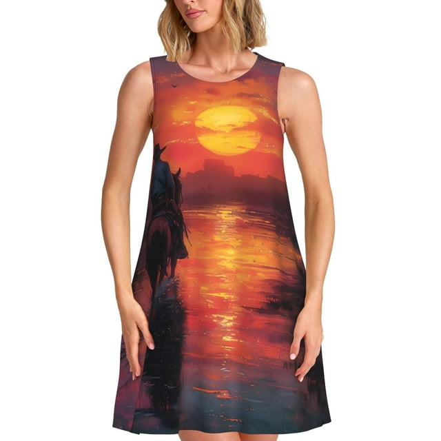 Fotbe Sunset River Western Cowboy Vestido de Verano sin Mangas para Mujer – Vestido Midi Línea A, Estilo Camiseta Floral, Vestido Playero Casual y Fluido