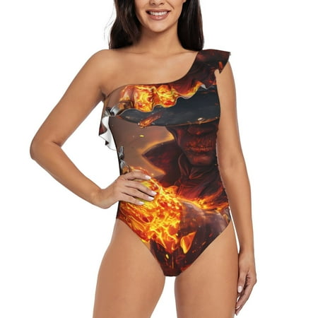 Lukts Western Fire Cowboy Women One Piece Swimsuits Tummy Control One Shoulder Bathing Suits Ruffle Swimwear-Large