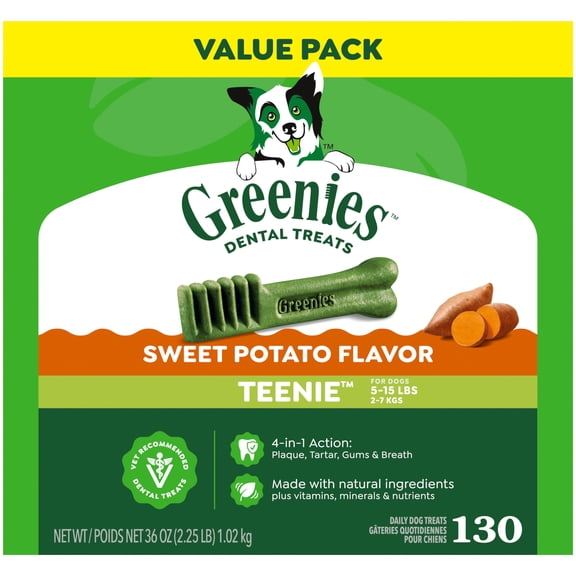 Greenies Sweet Potato Flavor Adult Natural Dental Dog Treats Teenie Size, 36 oz Pack (130 Count)