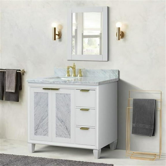 Bellaterra Home  43 in. Single Rectangle Sink Vanity with Carrara Marble Top, White - Left Door & Sink