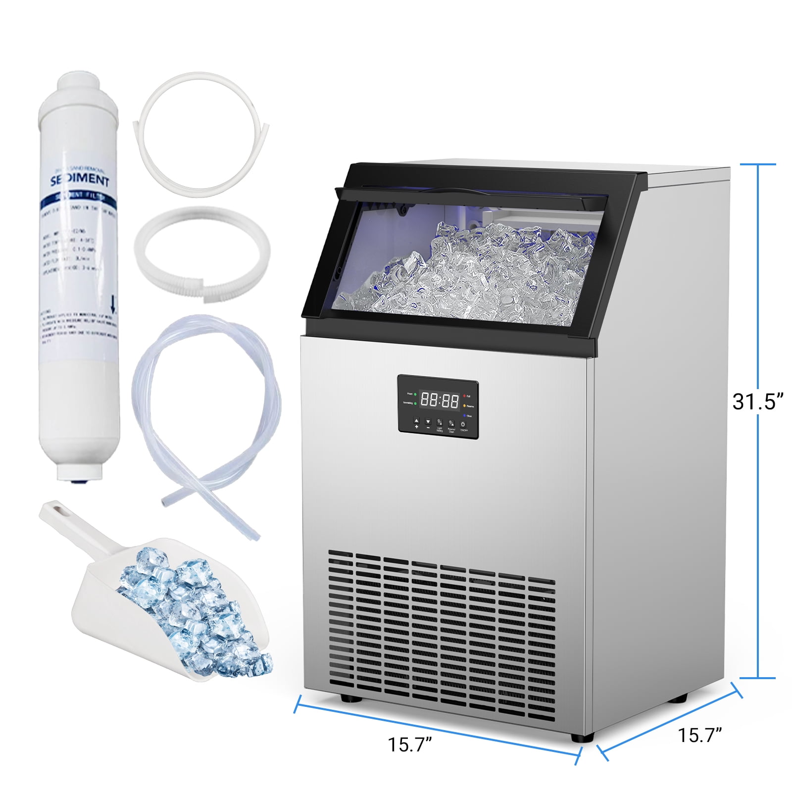 Commercial Ice Maker 200lbs/24H, 50lbs Storage Bin, Under Counter Ice Machine