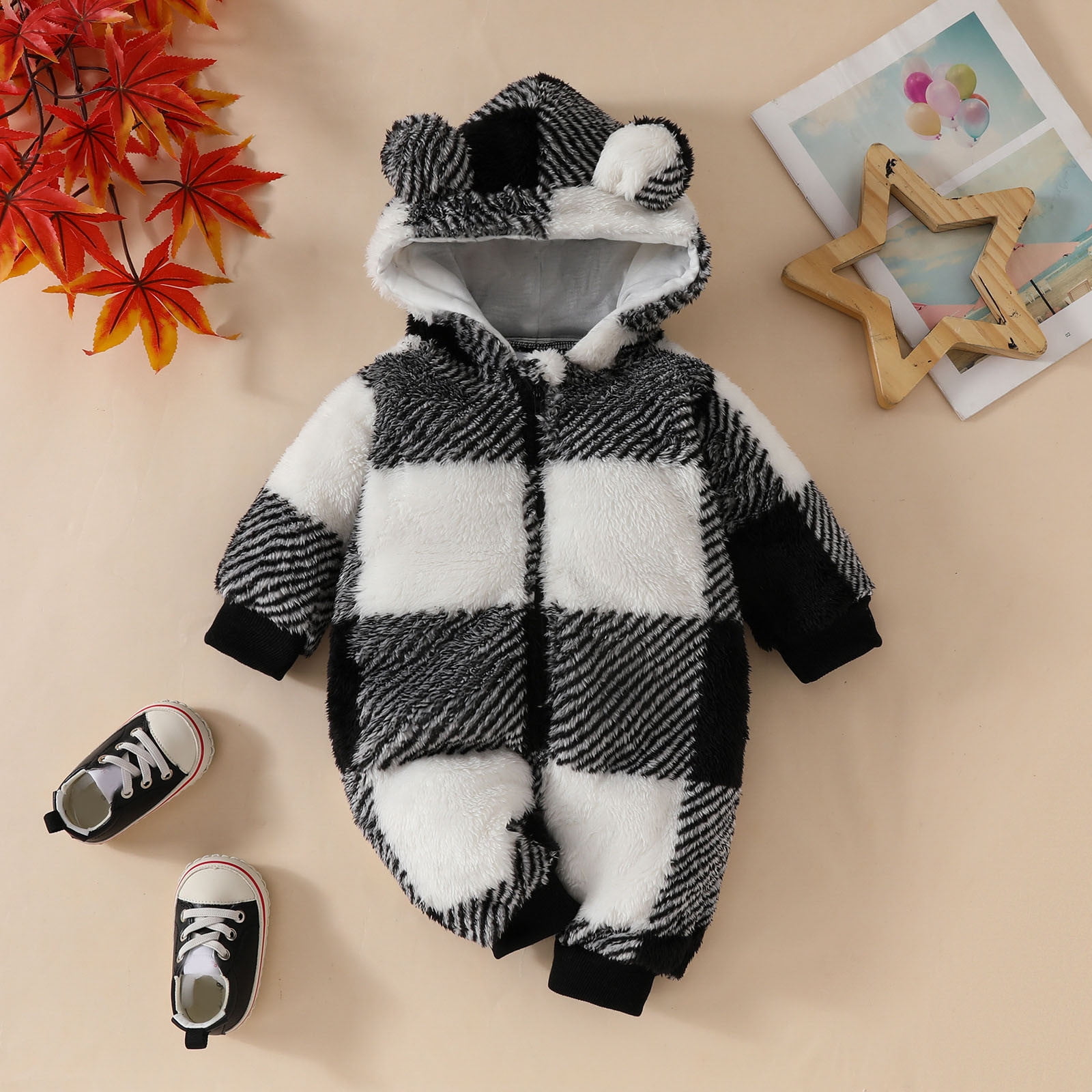 XDZJLR Baby Girls Boys Jumpsuits Boys Girls Long Sleeve Plaid Hooded Romper Homewear Sleepwear Pjs Black 3-6 Months