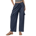 thumbnail image 1 of Pantalones de lino Pantalones cargo elásticos de cintura alta con cordón para mujer, 1 of 6