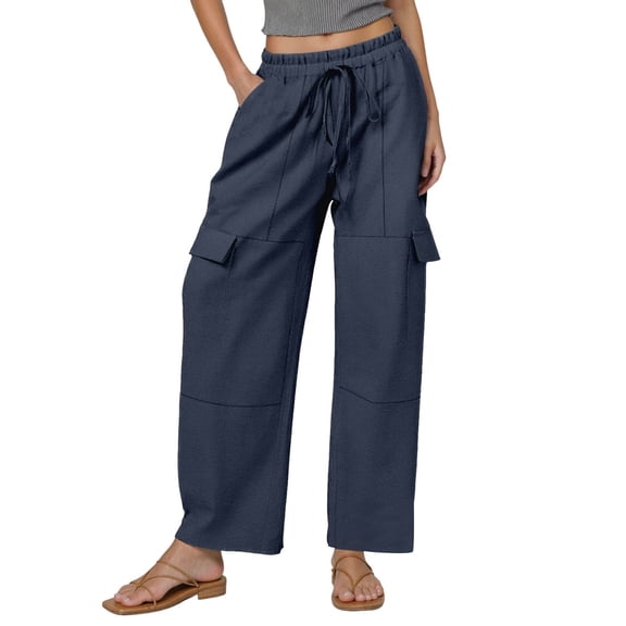 Linen Pants Women Elastic High Waisted Drawstring Cargo Pants Baggy Wide Leg Pant Casual Beach Pant