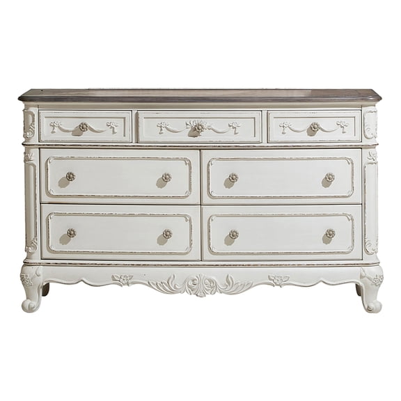 JERFIT 7-Drawer Victorian Dresser with Carved Details, Antique White & Oak Finish, No-Assembly Bedroom Storage Furniture
