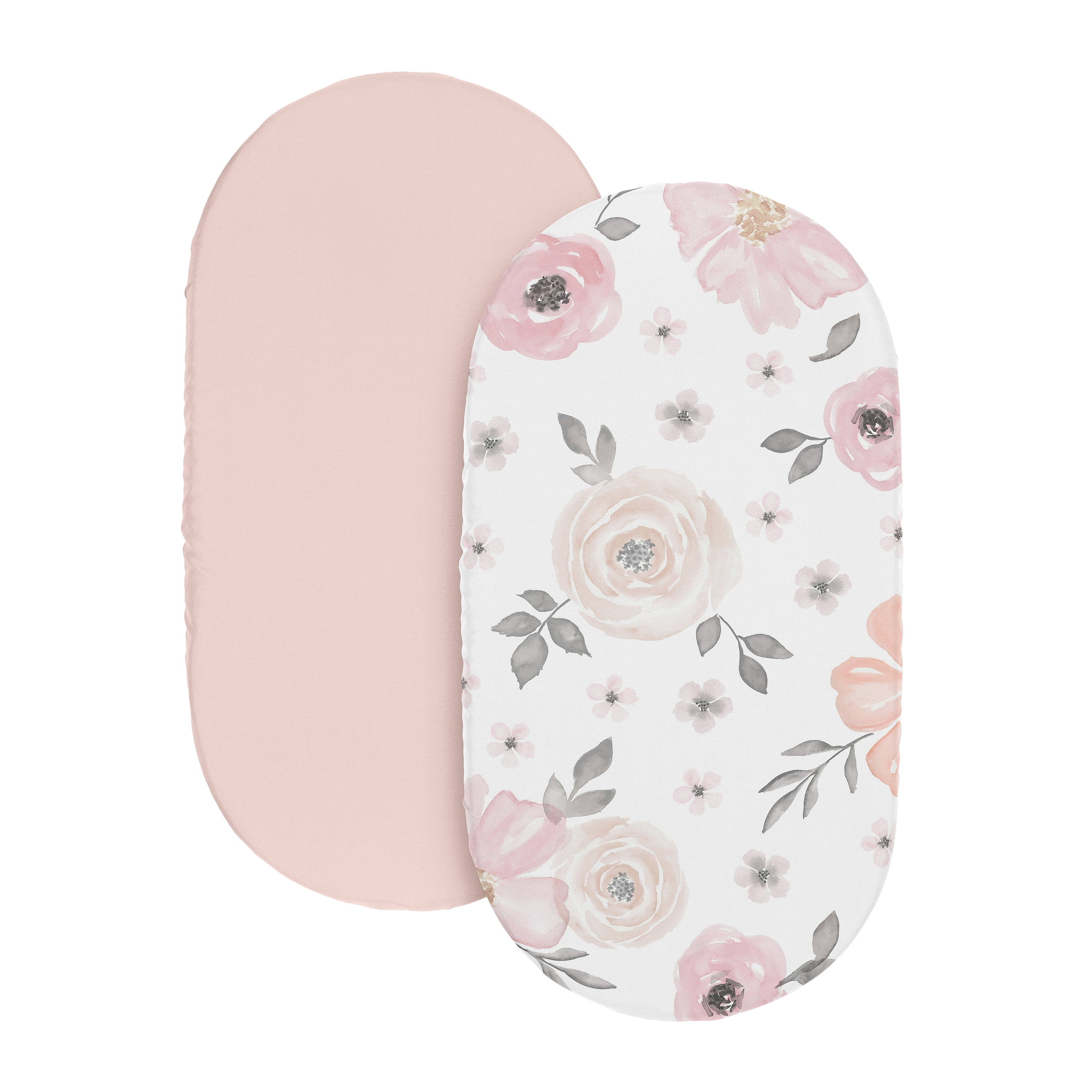Sweet Jojo Designs Watercolor Floral Pink Grey and White Baby Bassinet Fitted Sheets 2 Piece Set