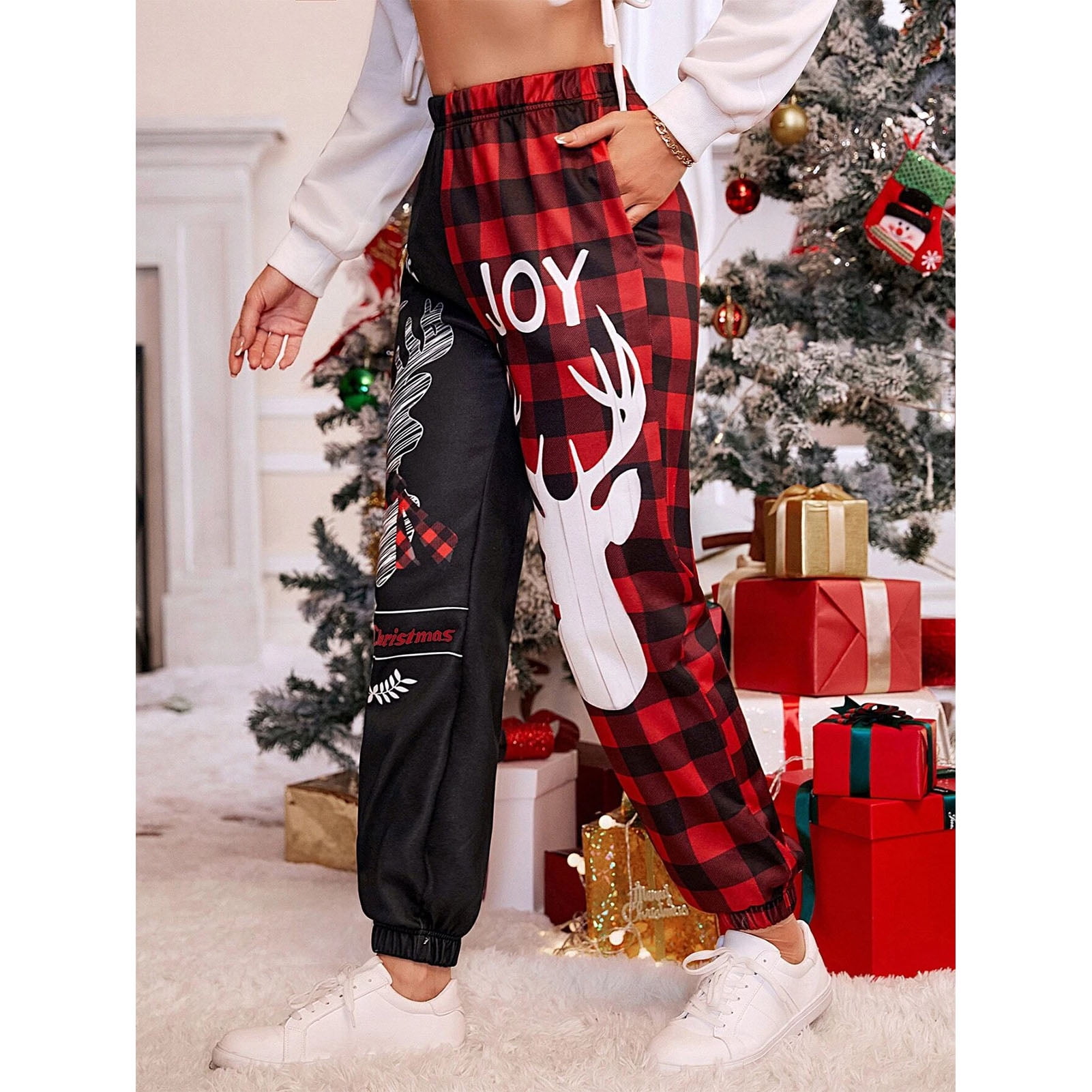 Christmas Reindeer Pants for Women Plaid Print High Waist Soft