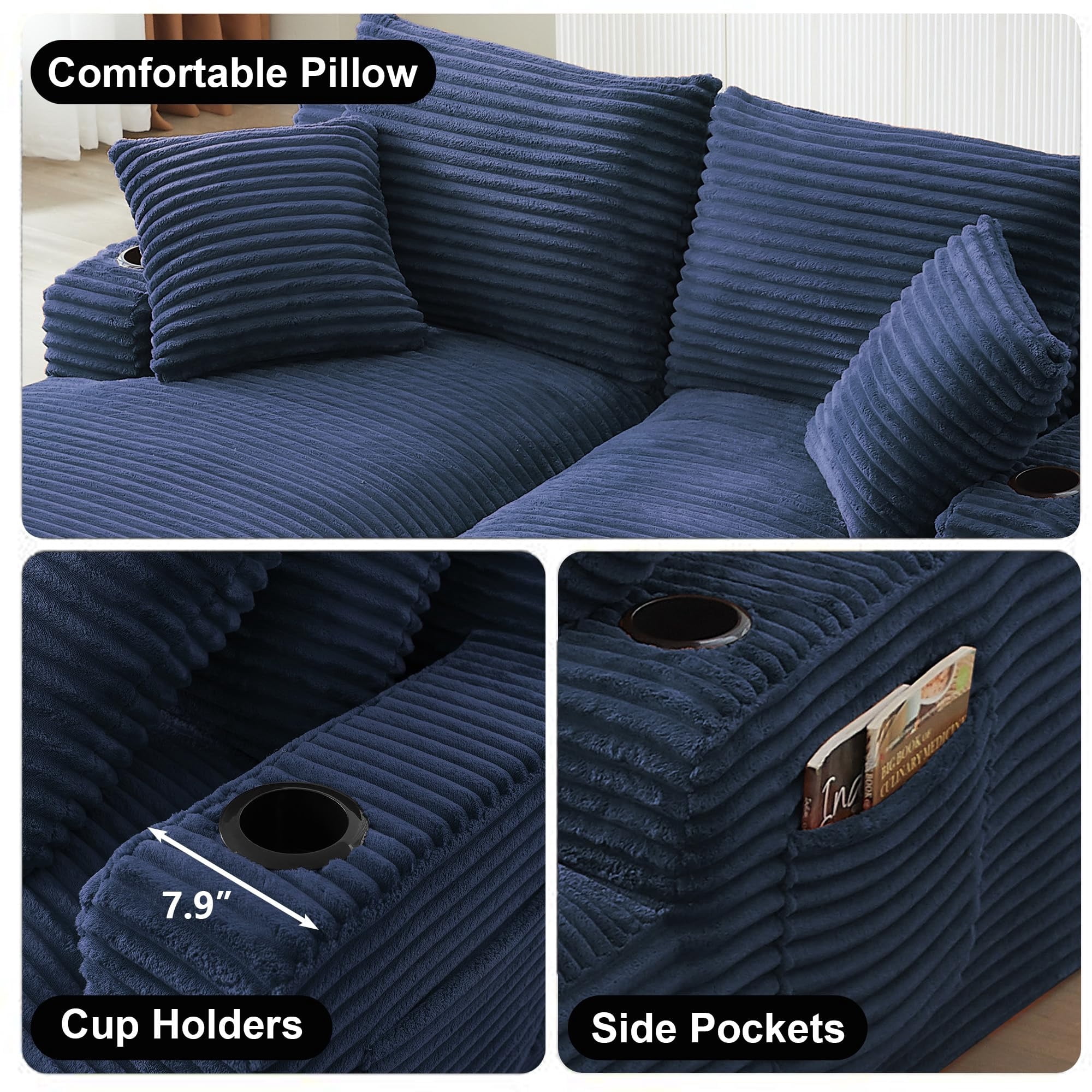Aukfa Oversized Double Chaise Lounge Modular Boneless Couch for Living Room, 2 Cup Holders, 4 Pillows, Corduroy, Blue