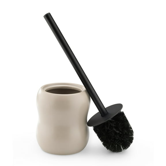 Navaris Toilet Brush & Ceramic Holder - Toilet Cleaner Brush and Base Set - WC Scrubber Brush & Ceramic Holder Stand for Restroom / Bathroom - Beige