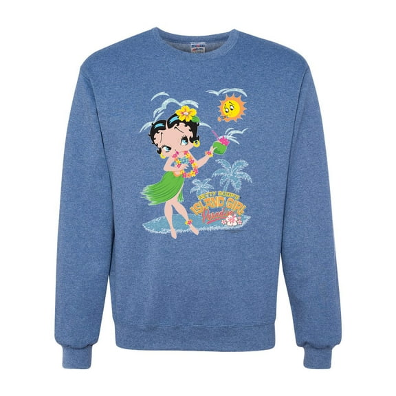 Wild Bobby, Betty Boop Island Girl Paradise Betty Boop Unisex Crewneck Sweatshirt, Vintage Heather Blue, Medium