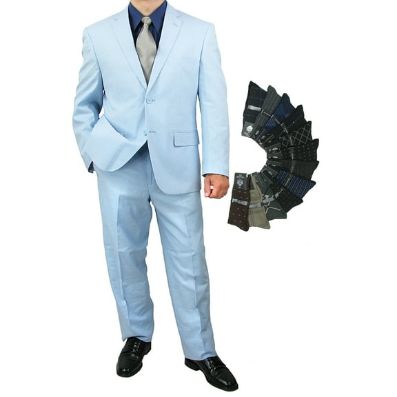 Sharp Hand Tailored Mens 2pc. 2 Button Linen Blend Suit w/1 Pair of Socks - Blue
