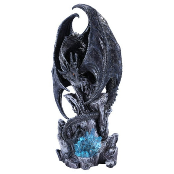 Large Dark Age Black Dragon w/ LED Light Blue Crystal Rock 18"h