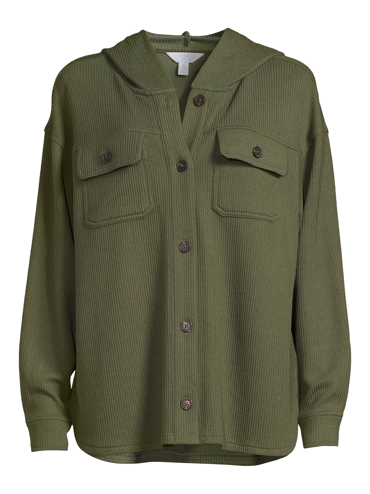 Time and Tru Women's Ribbed Hooded Shacket, Sizes S-XXXL